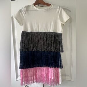Zara White Mini Dress with Black, Navy and Pink Fringe